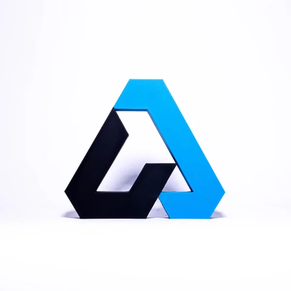 Blue and black 3D printed impossible triangle optical illusion desk toy by Print3D.pk