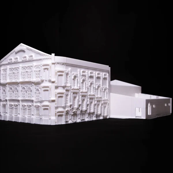 Detailed white 3D printed architectural building model featuring classical design by Print3D.pk.