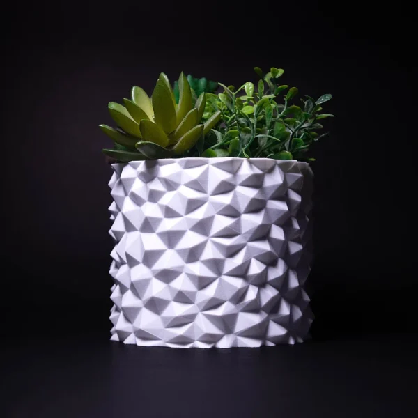 Unique 3D printed geometric planter pot with succulents by Print3D.pk for home decor.