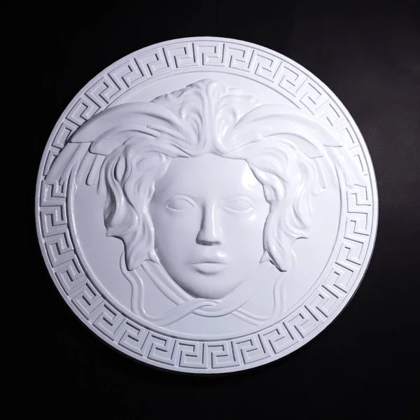 A stunning 3D printed Medusa head decorative plate by Print3D.pk with intricate Greek design.